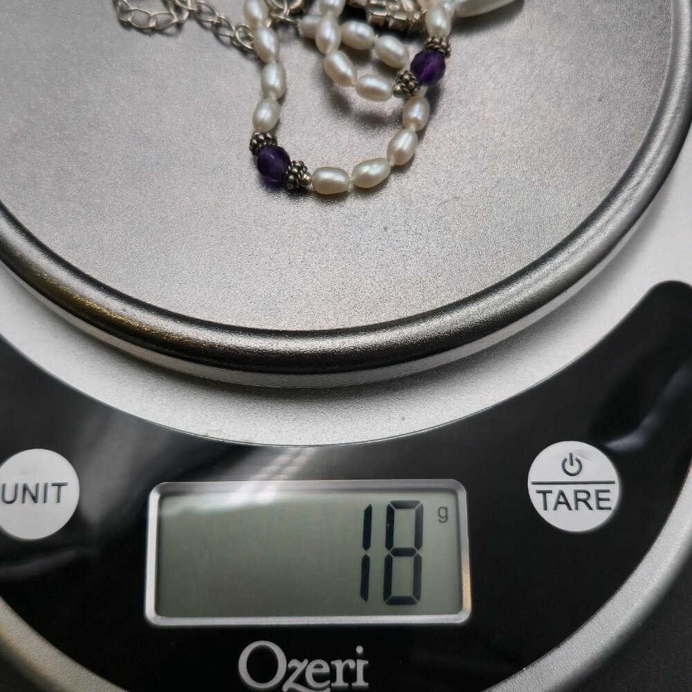 16.5 + 3 Inch Sterling Silver Pearls And Amethyst Stones Necklace B1006 - Picture 7 of 7